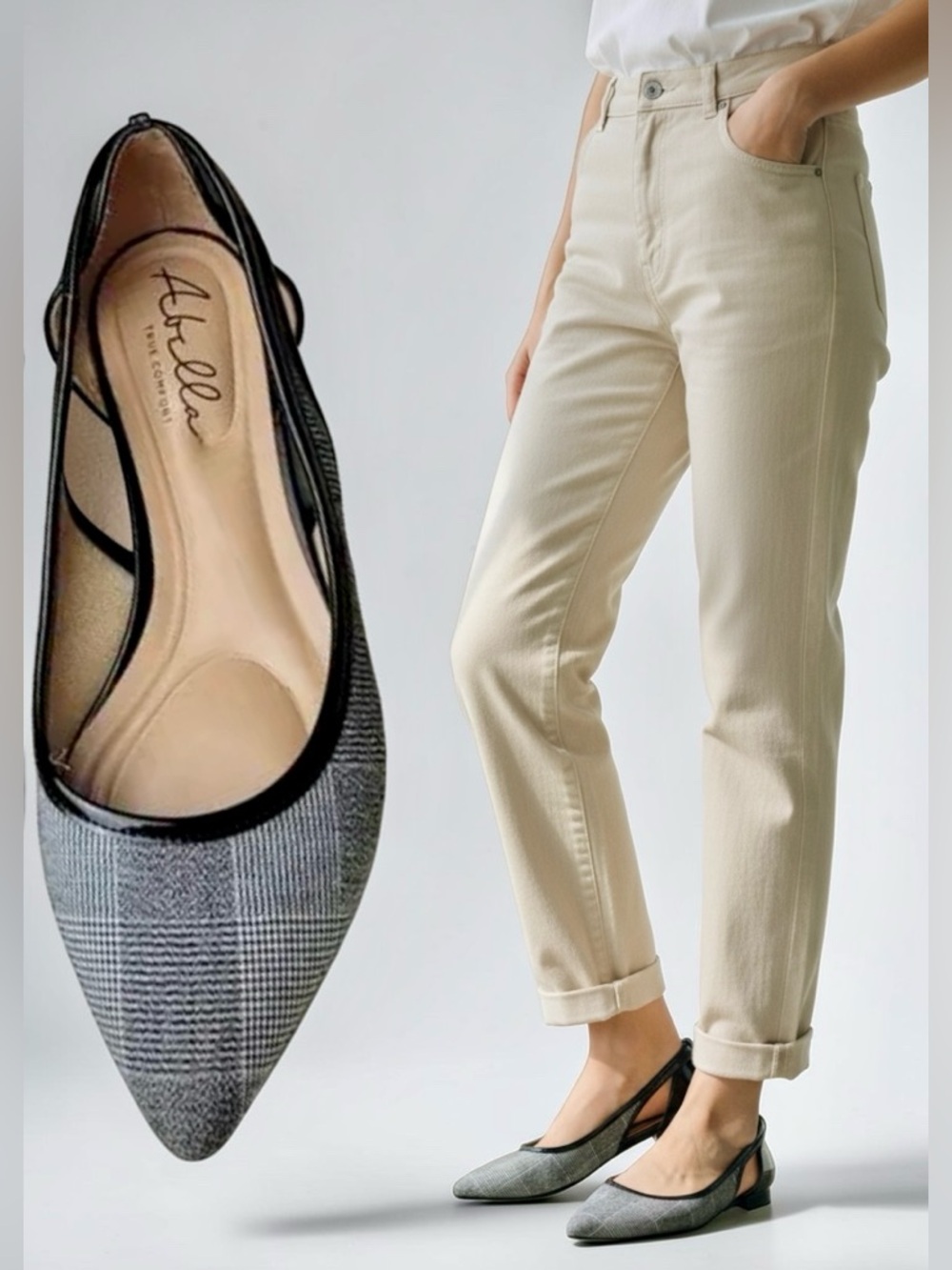 Abella Gray Plaid Pointed Toe Slingback Flats size 9